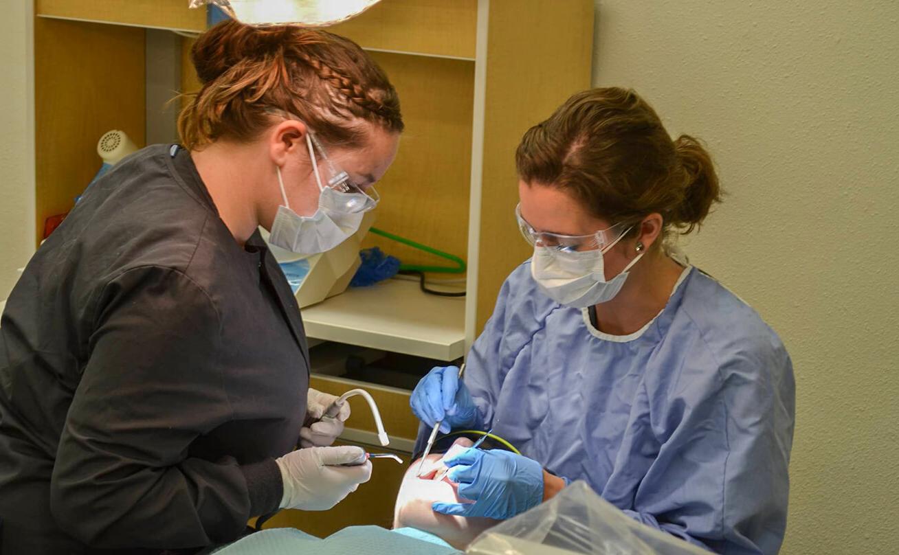 两个学生在教室里练习牙科